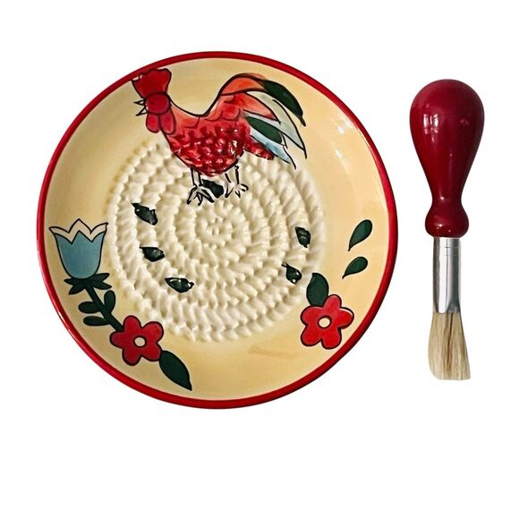 Hand-Painted Spanish Garlic Grater Plate Floral Chicken Red Yellow W/ Brush - Picture 1 of 4